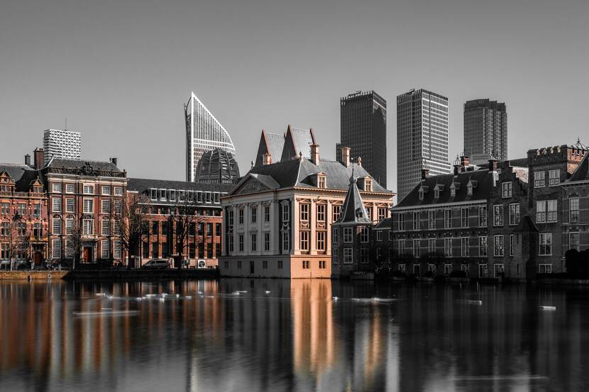 De vijver in Den Haag met op de achtergrond kantoorgebouwen en huizen.